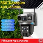 4G LTE Güneş Enerjili Güvenlik Kamerası - SIM Kartlı, Tamamen Kablosuz, 3 Lens ile Kör Nokta Yok, 2 Yönlü Ses, Gece Görüşü, IP66, Bulut & SD Kart Destekli