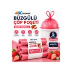 4K TEDARİK Büzgülü Çöp Poşeti Çilek Kokulu 65×70 cm Büyük Boy 10'lu 5 Rulo Dayanıklı Sızdırmaz Kalın Çöp Torbası