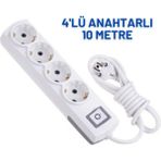4'lü Anahtarlı 10 Metre Uzatma Kablosu Topraklı 3x1,5 Ttr Cca - Beyaz