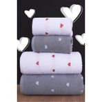 4'lü Banyo Havlu Seti Kalpli - Kalp Desenli Hamam Takımı - 70 x 140 cm - 50 x 90 cm - Beyaz - Gri