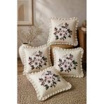 4'Lü Fırfırlı Çiçek Desenli Dekoratif Kırlent Kılıfı %100 Pamuk Organik Boya Baskılı 45X45 Cm