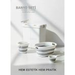 4’lü Katlanabilir Çamaşır Sepeti Seti – 80 Litre Gold/Beyaz Kirli Sepeti, Sele, Su Kovası ve Maşrapa