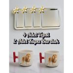 4'lü Papatyalı Tepsi Kahve Sunum Tepsisi 21X21 cm - 2'li Aslanlı Kırmızı Kulplu Kahve Bardağı
