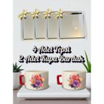 4'lü Papatyalı Tepsi Kahve Sunum Tepsisi 21X21 cm - 2'li Çiçekli Küçük Kahve Bardağı Kupa