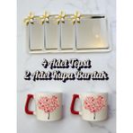 4'lü Papatyalı Tepsi Kahve Sunum Tepsisi 21X21 cm - 2'li Kalpli Kahve Bardağı Kupa Bardak