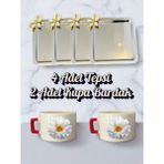 4'lü Papatyalı Tepsi Kahve Sunum Tepsisi 21X21 cm - 2'li Papatyalı Küçük Kahve Bardağı Kupa