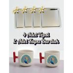 4'lü Papatyalı Tepsi Kahve Sunum Tepsisi 21X21 cm - 2'li Tavus Kuşulu Kırmızı Kulplu Kahve Bardağı