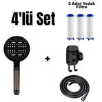 4'lü Set 6 Fonksiyonlu Filtreli Duş Başlığı +3 Adet Yedek Filtre+ 150 cm Duş Hortumu + Siyah Yapışkanlı Askı Aparatı