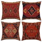 4'lü Set Kırmızı Bohemia Yastık Kılıfı 40 x 40 cm - Görünmez Fermuarlı Kare Keten Yastıklar Çift Taraflı Baskılı Desenler İç Mekan/Dış Mekan Oturma Odası Ev Dekoru için Mükemmel