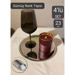 4’Lü Set Lüx Sunum Tepsisi Paslanmaz Kahve Tepsisi Çelik Tepsi Yuvarlak Çeyizlik Tepsi 23 Cm