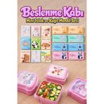 4'lü Yemek Saklama Kabı, Beslenme Kabı Seti, Okul Beslenme Kutusu, Çocuk Beslenme Kabı, Saklama Kabı Seti, Pratik Beslenme Seti, 8 Islak Mendil, 9 Kağıt Peçete (Pembe)
