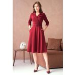 4S1B FASHION Kadın Kruvaze Ceket Yaka 3/4 Kol Kloş Kesim Kemer Detaylı Midi Boy Bordo Abiye Elbise 020