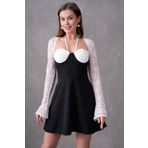 4S1B FASHION Kadın Siyah Atlas Kumaş Dantelli Tasarım Kol ve Sırt Dekolteli Kloş Mini Abiye Elbise 238