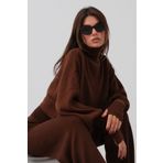 4S1B FASHION Uzun Kollu El Geçmeli Balıkçı Yaka Kazak ve Yüksek Bel Triko Pantolon Alt Üst Kahve Triko Takım 015