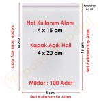 4X15+5 Cm. (4X20) 100 Adet - Şeffaf Bantlı Yapışkanlı Opp Jelatin Poşet