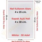 4x25+5 cm.(4x30) 50 Adet Şeffaf Bantlı Yapışkanlı OPP Poşet