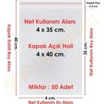 4x35+5 cm.(4x40) 50 Adet Şeffaf Bantlı Yapışkanlı OPP Poşet