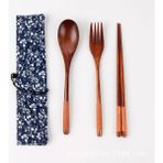 5-22.5cm-3 Adet-Torba Yemek Takımları Taşınabilir Ahşap Sofra Ahşap Japon Tarzı Seyahat Gereçleri Çatal Kaşık Çatal Çubuklarını Bez Çanta ile Set (Yurt Dışından)