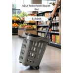 5 Adet - 43 LT Tekerlekli Market Sepeti | Plastik Alışveriş Sepeti Ergonomik Çift Saplı Gri