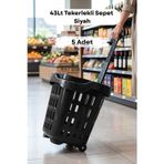 5 Adet - 43 LT Tekerlekli Market Sepeti | Plastik Alışveriş Sepeti Ergonomik Çift Saplı Siyah