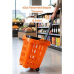 5 Adet - 43 LT Tekerlekli Market Sepeti | Plastik Alışveriş Sepeti Ergonomik Çift Saplı Turuncu