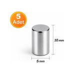 5 Adet - 5x10 Mm Neodyum Mıknatıs Yuvarlak Güçlü Neodim