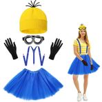 5 adet Minions kostüm aksesuarı, gözlük, sarı şapka, küçük etek, kayış, siyah eldiven seti, karnaval kostümü, bayan, kostüm aksesuarı, cadılar bayramı kostümü, karnaval film kostümü, kadınlar ve