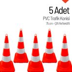 5 Adet Pvc Trafik Konisi 75 cm Çift Reflektifli Trafik Dubası