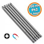 (5 Adet) Tayvan Çeliği Mıknatıslı Yıldız Ph2 Bits Uç Manyetik 1/4" Matkap Ucu 20 Cm Uzunluk