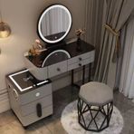 5 Çekmeceli Modern Makyaj Makyaj Masası, 3 Renk Ayarlı LED Işıklı Ayna, 2 USB Portlu Şarj İstasyonu, Yatak Odası için Tabureli Makyaj İstasyonu