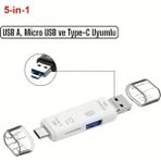 5 In 1 Çok Fonksiyonlu USB 2.0 Micro Sd Kart Okuyucu - Beyaz - Usb/micro Usb/type-C Çıkışlı, Otg Çevirici
