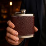 5 OZ-150 cc Hunili Kahve Brown Deri Kılıf Çelik Viski Içki Konyak Matarası - standart