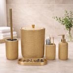 5 Parça Dekoratif Banyo Seti – Doğal Dokulu Modern Banyo Aksesuar Seti, Çöp Kovası Tuvalet Fırçası Sabunluk Diş Fırçalık Tepsi (Altın)