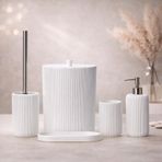 5 Parça Dekoratif Banyo Seti – Modern Lüks Banyo Aksesuar Seti, Çöp Kovası Tuvalet Fırçası Sabunluk Diş Fırçalık Tepsi (Beyaz)