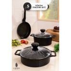 5 Parça Granit Döküm Siyah Tencere Seti - 3 Kat Granit Kaplama 27 cm