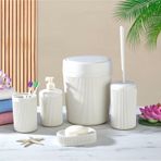 5 Parça Lüx Plastik Banyo Seti - Çöp Kovalı, Diş Fırçalıklı, Sıvı ve Katı Sabunluk Antibakteriyel Fırça - Krem-