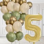 5 Yaş Retro Küf Yeşili Krom Gold Kum Beji Balon Seti Gold Rakam Doğum Günü Balonu Şık Parti Süsleme - Çok Renkli
