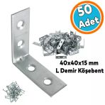 (50 Adet) Metal Köşebent 40X40x15 Mm Kalın L Demiri Gönye Mobilya Duvar Sabitleme Bağlantı Aparatı