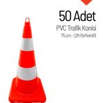 50 Adet Pvc Trafik Konisi 75 cm Çift Reflektifli Trafik Dubası