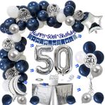 50. doğum günü dekorasyonu, 50. doğum günü erkeği lacivert gümüş doğum günü dekorasyonu mutlu 50. doğum günü çelenk afiş masa örtüsü 50 konfeti ve erkek çocuklar için 50 numara balon