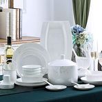 50 parçalı yemek takımı, beyaz Bone China porselen mutfak gereçleri, müsli kasesi, tatlı tabağı, çorba tabağı, balık tabağı, tabak çanak ve çorba tenceresi 10 kişilik servis