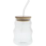 500Ml Bambu Kapaklı Cam Bardak, Cam Pipetli Silikon Kapak Contalı İnce Çizgi Desenli Sıcak Soğuk İçecekler Için Kahve Meyve Suları Çayları