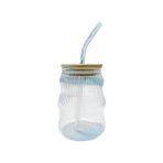 500ML Bambu Kapaklı Cam Bardak, Cam Pipetli Silikon Kapak Contalı Ince Çizgi Desenli Soğuk Içecekler Için Kahve Meyve Suları ve Çayları Için Ergonomik Şık Tasarım
