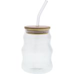 500ML Bambu Kapaklı Cam, Cam Pipetli Silikon Kapak Contalı Çizgi Desenli Soğuk Içecekler Için Kahve Meyve Suları ve Çayları Için Ergonomik Şık Tasarım - 500 ml