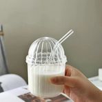 500Ml Cam Kapaklı Pipetli Bardak, Kalın Çizgi Desenli Soğuk İçecekler Için Kahve Meyve Suları, Çayları Için Brokosilikat Bpa İçermeyen Er