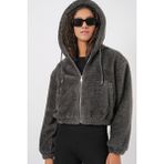 5193 Kapüşonlu Peluş Crop Ceket - Antrasit - 42