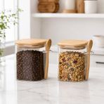 550 ML Kaşıklı Cam Kavanoz 2’li Set, Bambu Kapaklı Şeffaf Cam Saklama Kabı, Çay Kahve Şeker Baharat Kuruyemiş Kavanozu, Mutfak Düzenleyici Kaşıklı Baharatlık Seti