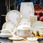 56 Parça Yemek Takımı, Lüks Modern Porselen Mutfak Sofra Seti Seramik Yemek Tabağı Pirinç Kase Tabakları Kaşık Çubukları Balık Tabağı Çorba Tenceresi 10 Kişilik, Aile Arkadaş Partisi