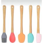 5& 39 Li Renkli Ahşap Saplı Silikon Uçlu Spatula Fırçalı Kaşık Seti -yemek Hazırlık Seti 21 Cm