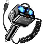 5'i 1 arada USB C araç şarj cihazı, 5 ft sargılı kablo, BUVAYE hızlı şarj çakmak ayırıcı 2 soket, ayrı anahtar voltaj monitörü, telefon araç içi kamera, GPS MP3 için çift araç çakmağı adaptörleri